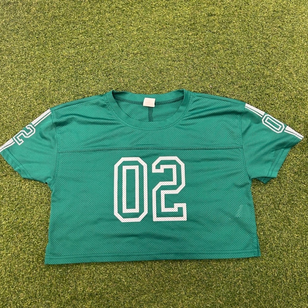 No Boundaries Green‎ Mesh Football Jersey Crop Top 02 Graphic Womens XS 0-2